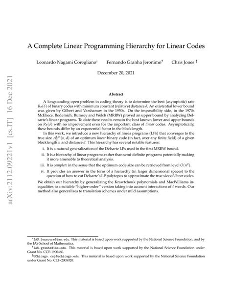 A Complete Linear Programming Hierarchy for Linear Codes DeepAI