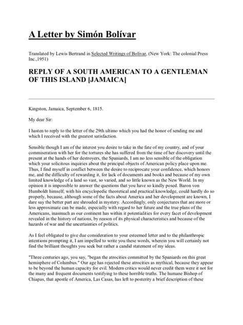 A Letter by Simon Bolivar Letter of Jamaica