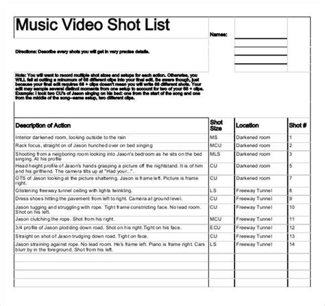 A Level Music Video Shot List Pl An
