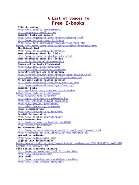 A List of Souces for Free E Books