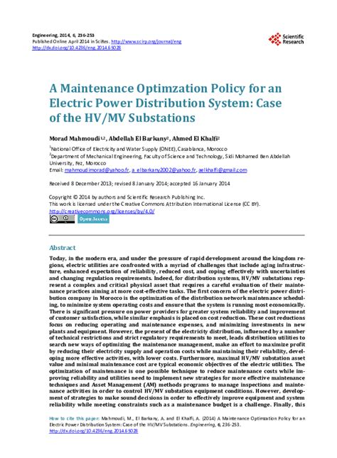 A Maintenance Optimzation Policy for an Electric Power Distribution System Case of the HV/MV