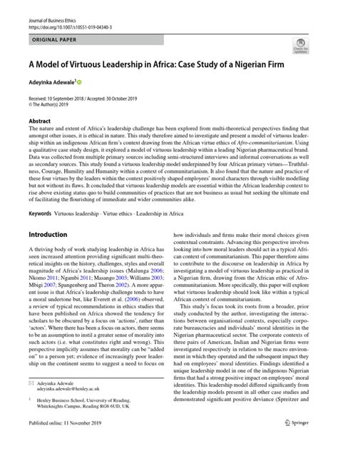 A Model of Virtuous Leadership in Africa: Case Study of