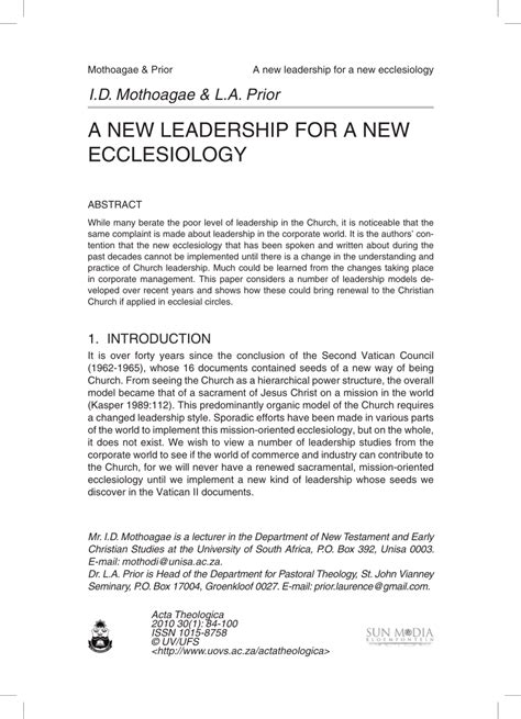 A New Leadership for a New Ecclesiology
