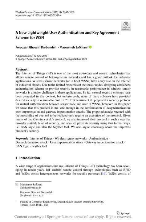 A New Lightweight User Authentication And Key Agreement Scheme For Wsn Springerlink