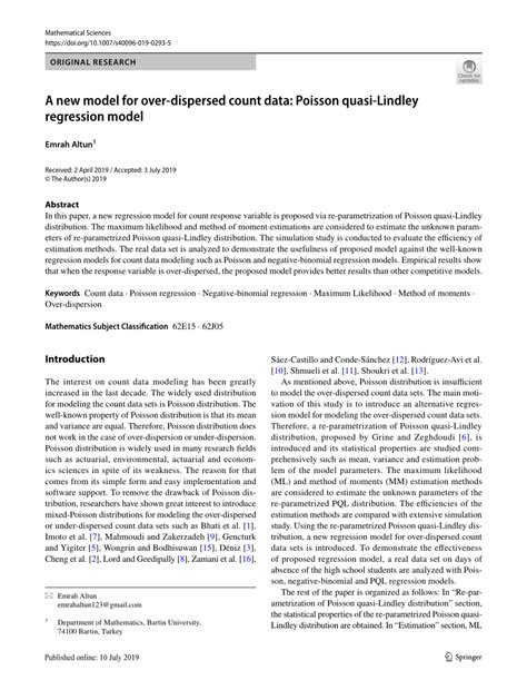 A New Model For Over Dispersed Count Data Poisson Quasi Lindley Regression Model Springerlink