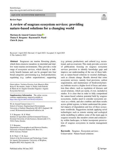 A review of seagrass ecosystem services: providing nature-based ... - raincitystudios.com