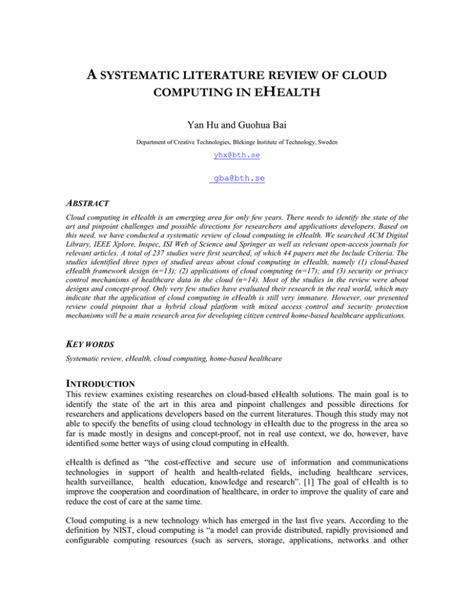 A SYSTEMATIC LITERATURE REVIEW OF CLOUD COMPUTING IN EHEALTH