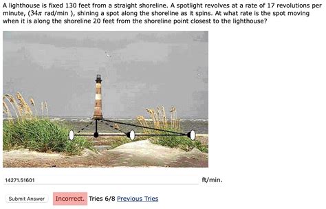 A lighthouse is fixed feet from a straight shoreline