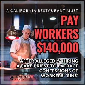 A restaurant must pay workers $140,000 after allegedly hiring a fake priest to extract confessions of workers’ ‘sins’