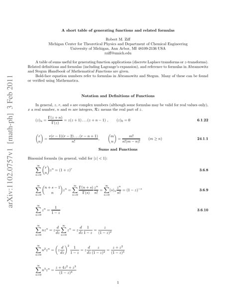 A short table of generating functions and related formulas