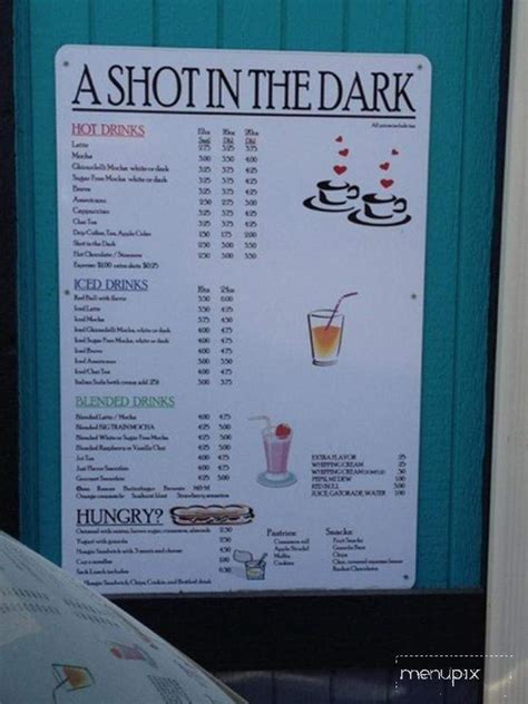 The actual menu of the Shot In The Dark Cafe. Prices and visitors' opinions on dishes.. 
