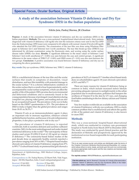 A study of the association between Vitamin D deficiency and Dry Eye ...