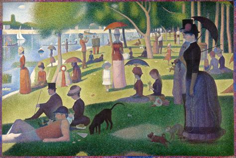 In his best-known and largest painting, Georges Seurat depicted people relaxing in a suburban park on an island in the Seine River called La Grande Jatte. The artist worked on the painting in several campaigns, beginning in 1884 with a layer of small horizontal brushstrokes of complementary colors..