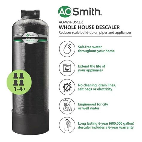 A. o. smith whole house water softener alternative. AO Smith Whole House Water Softener Alternative . Pros. It will last you a whooping 6-year period, in other words, 600,000 gallons of soft water. This is a chemical-free and salt-free water softener. It has a DIY and a compact water softener installation system. 