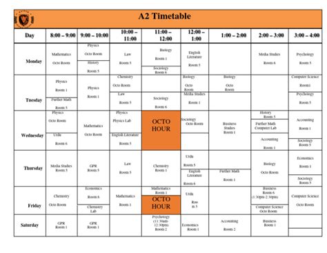 A2 Timetable