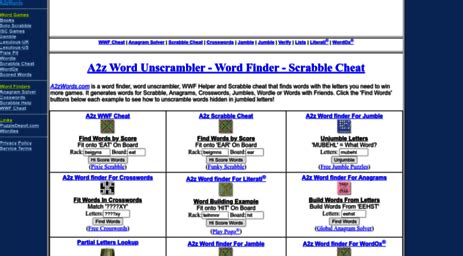 a2z Word Finder is an online dictionary resource for solution of word puzzles, crosswords, and word games for everyone including puzzle lovers, educational purposes, and recreation. The Literati(R) Search option finds valid words from user supplied letter patterns.. 