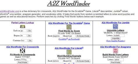 This utility finds unscrambled words from anagram or Jumble (R) input letters, crosswword solution words from missing letter patterns, Scrabble words that can be made from input letters, and verifies valid words existence.