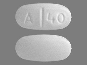 A40 white oval pill. Enter the imprint code that appears on the pill. Example: L484; Select the the pill color (optional). Select the shape (optional). Alternatively, search by drug name or NDC code using the fields above. Tip: Search for the imprint first, then refine by color and/or shape if you have too many results. 