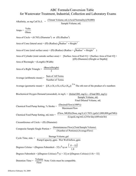 ABC Formula/Conversion Table for Wastewater Treatment, Industrial