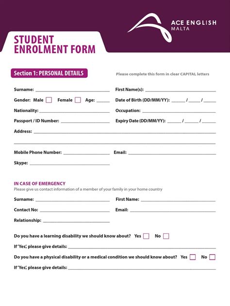 ACE English Malta Student Enrolment Form 2017 pdf