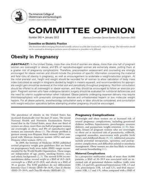 ACOG Committee Opinion on Weight Gain in Pregnancy