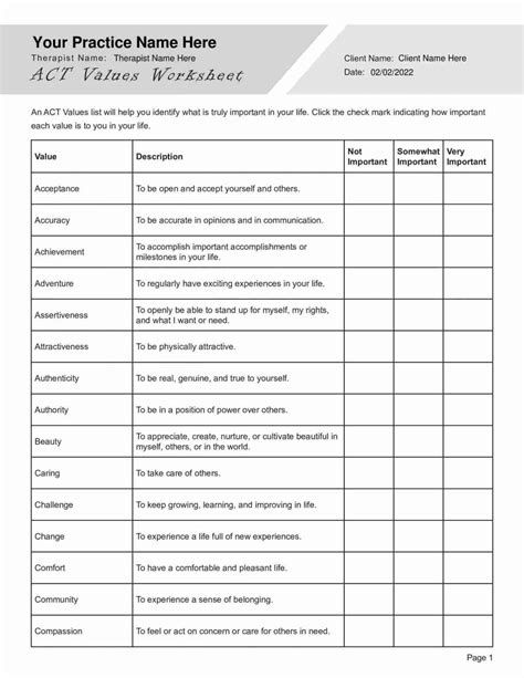 ACT Values Clarification Worksheet PDF