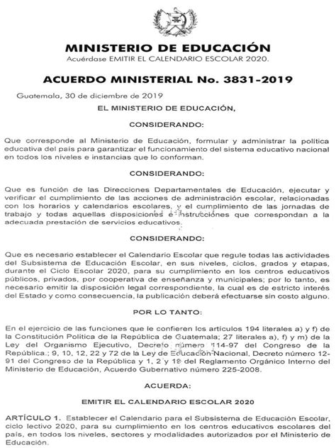 ACUERDO MINISTERIAL NO 3831 CALENDARIO ESCOLAR 2020 pdf