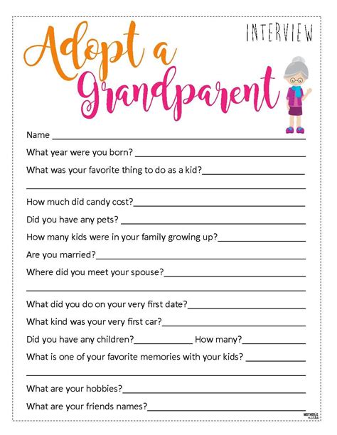 ADOPT A GRANDPARENT Free Questionnaire Printables in 2020