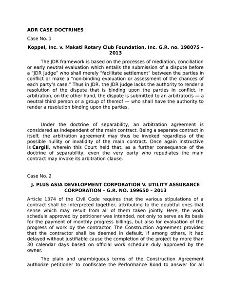 ADR Doctrines - ADR CASE DOCTRINES Case No. 1 Koppel, Inc. v. Makati …