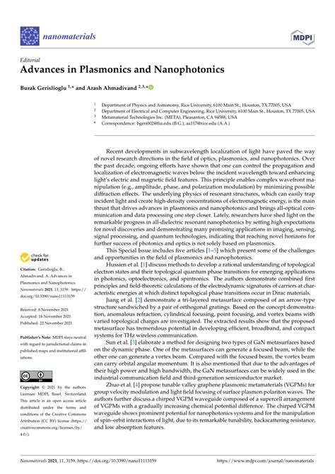 Advances in Plasmonics and Nanophotonics - MDPI - wintechmobiles.com
