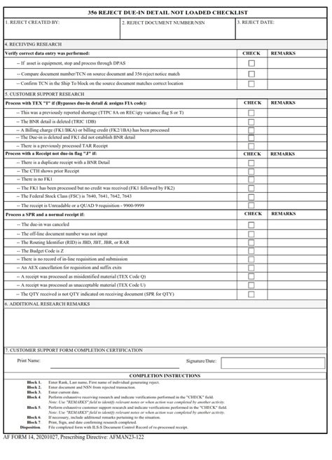 AF Form 14 356 Reject DueIn Detail Not Loaded Checklist AF Forms