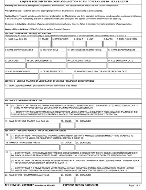 AF Form 171. Request for Driver Training and Addition to U.S