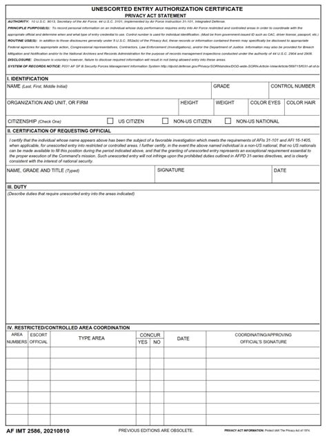 AF Form 2586 Unescorted Entry Authorization Certificate AF Forms