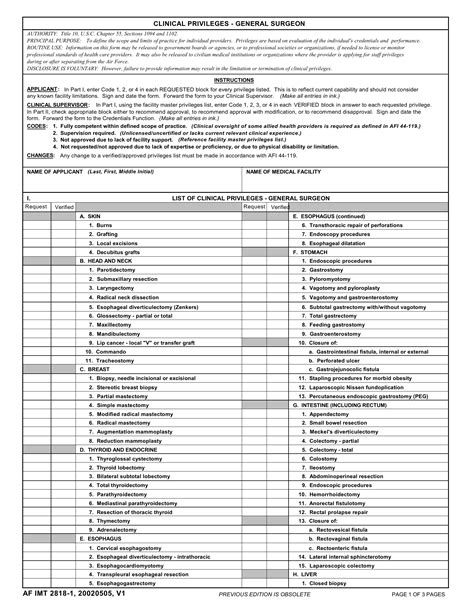 AF Form 28181 Clinical Privileges General Surgeon Forms Docs