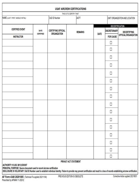 AF Form 4348 USAF Aircrew Certifications AF Forms