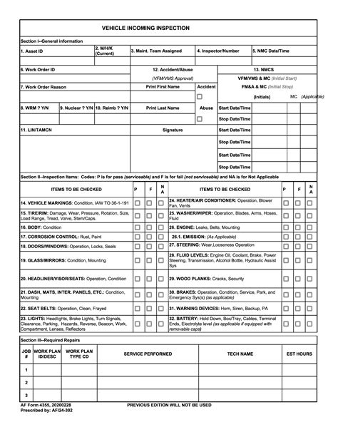 AF Form 4355. Vehicle Inspection Forms Docs 2023