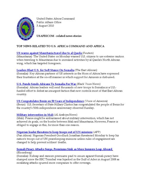 AFRICOM Related News Clips August 3 2010