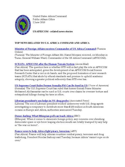 AFRICOM Related News Clips June 15 2010