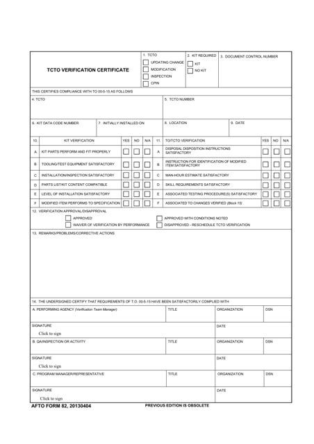 AFTO Form 82 Download Fillable PDF or Fill Online Tcto Verification