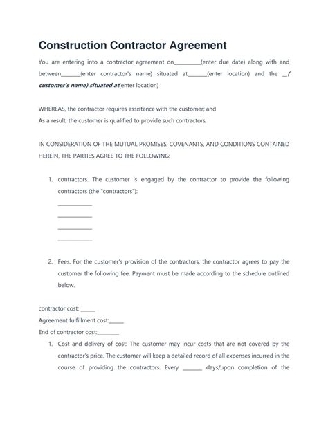 AGREEMENT FOR CONSTRUCTION CONTRACT in Word and Pdf formats