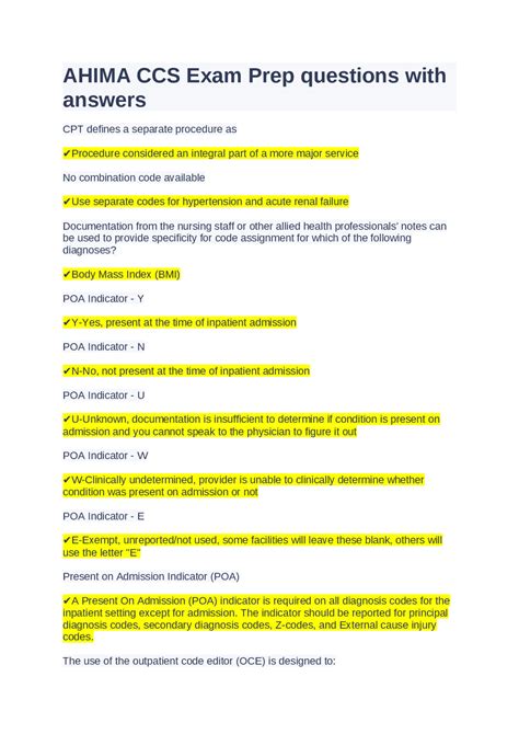 AHIMA CCS Exam Prep questions with answers Exams Medicine Docsity