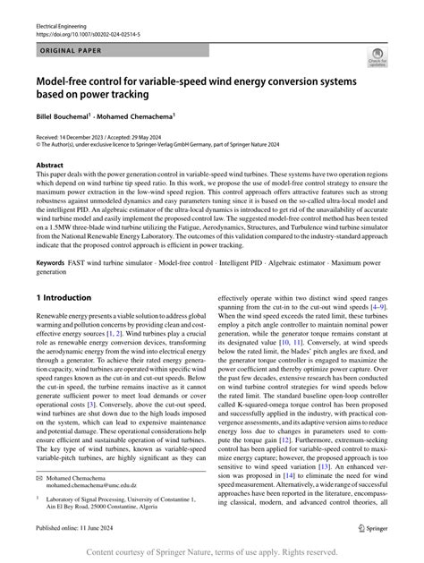 Algebraic estimation-based model-free control for variable-speed wind ... - wintechmobiles.com