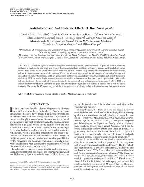 Antidiabetic and Antilipidemic Effects of Manilkara zapota - raincitystudios.com