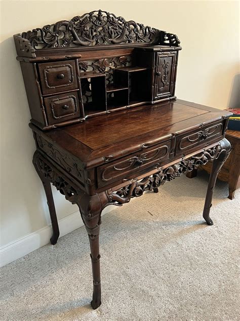 ANTIQUE 19TH CENTURY HEAVY CARVED WOOD CHINESE DESK …