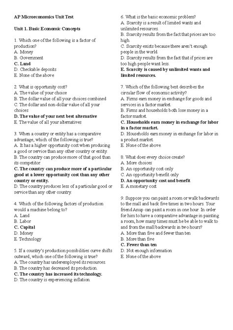 AP Microeconomics Unit 1 Practice Test AP Microeconomics Unit Test