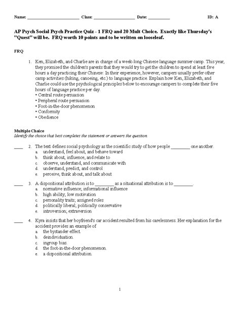 AP Psych Social Psych Practice Test Name