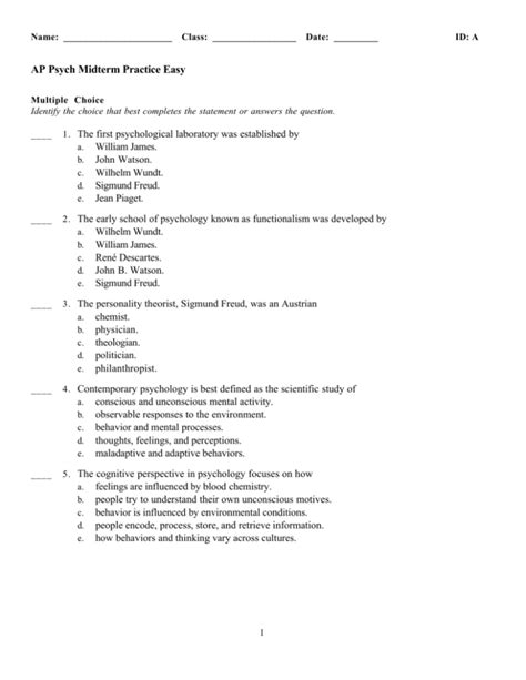 AP Psychology Midterm Practice Test