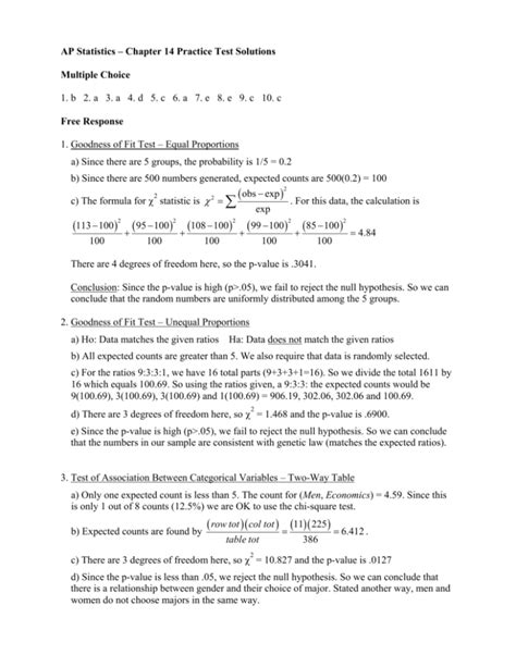 AP Statistics Chapter 14 Practice Test Solutions