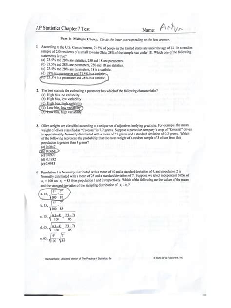 AP Statistics Chapter 7 Test PDF