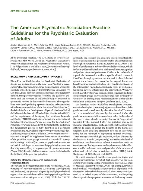 APA Practice Guidelines for the Psychiatric Evaluation of Adults